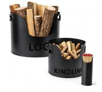Almineez 3PC Firewood Storage Bucket Set - Black Metal Log Holder, Kindling Bucket & Matchstick Holder | Indoor Fireplace Accessories For Wood Burner, Hearth Fireside Storage Organizer