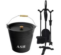 Almineez Companion Set 5 Piece Fireside Companion Tool Set Cast Iron Fireplace Wood Burner Coal Stove Accessories Set with 12L Ash Bucket, Lid, Broom, Shovel, Tong & Poker with Stand
