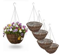Almineez Hanging Basket Planters - 12 Inch Round Woven Rattan Flower Pots with Chain & Plastic Liner, Indoor Outdoor Hanging Planters for Plants, Flowers, Patio, Balcony & Garden (4 x Hanging Baskets)