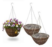 Almineez Hanging Basket Planters - 12 Inch Round Woven Rattan Flower Pots with Chain & Plastic Liner, Indoor Outdoor Hanging Planters for Plants, Flowers, Patio, Balcony & Garden (2 x Hanging Baskets)