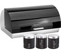 Almineez Metallic 4pc Kitchen Storage Set with Airtight Lids Includes Tea Coffee Sugar Canister Jar with Matching Stylish Roll Up Top Bread Bin (Onyx Black)