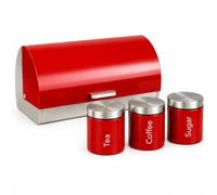 Almineez Metallic 4pc Kitchen Storage Set with Airtight Lids Includes Tea Coffee Sugar Canister Jar with Matching Stylish Roll Up Top Bread Bin (Ruby Red)