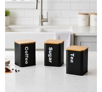 Almineez Retro Set Of 3 Stainless Steel Tea Coffee Sugar Jar Canisters With Bamboo Lids Black