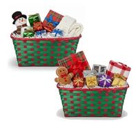 Almineez Set of 2 Bamboo Christmas Hamper Baskets - Red & Green Rectangular Woven Holiday Baskets for Decorations, Storage & Gift Giving - Eco-Friendly Reusable Christmas Decor Basket