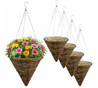 Almineez Set of 4 Hanging Basket Planters 12 Inch, Cone Wicker Flower Baskets with Detachable Chain, Natural Wall Hanging Pots for Indoor Outdoor Garden Decoration (4 x Hanging Baskets)