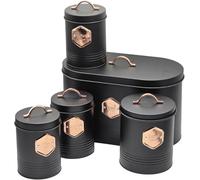Almineez Stylish 5pc Kitchen Storage Set with Airtight Lids Includes Tea Coffee Sugar Biscuit Canister Jar with Matching Top Bread Bin Black & Copper Design