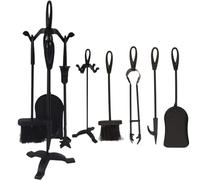 Almineez Traditional Companion Set 5 Piece Fireside Companion Tool Set Cast Iron Fireplace Wood Log Burner Coal Stove Accessories Set Broom, Shovel, Tong & Poker with Stand 5pc Decoration