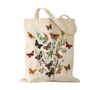 ALMLWIAJ Printed Butterfly Floral Canvas Tote Bag, 35X38CM Shopping Bag, Natural Cotton, Floral Design, Cream Color (CATERPILAR)