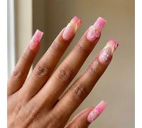 Almond 3D Gel Glossy Press On Nails With Pink Yellow Gradient French Floral Design - Short Oval False Nails Set For Easy Application & Elegant Look, Women's Art Manicure Kit With Gloss Finish