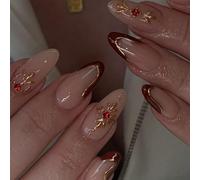 Almond Artificial Nails, Glossy Nude and Burgundy French Tips, 24-Piece
