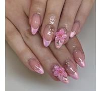 Almond Bogus Stakes with Margarite Rose French Manicure Depth Floral Detailing Denial Tools Required Hard Wearing ABS Stakes Short Almond Molded Press Ons