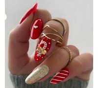 Almond Christmas False Nails Long, 24Pcs Red Glitter French Press on Nails, Gold Shimmer Fake Nails with Snowflake, Acrylic Stick on Nails with Glue for Women Christmas Holiday Nails Art