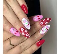 Almond Fake French Full Covers Acrylic False Cherries Designs Fake Artificial Acrylic Glues on Nail for Women Clear