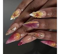 Almond Fake Glossy Acrylic Artificial Stick on for Womens 24Pcs 12Sizes Glues on Designs False