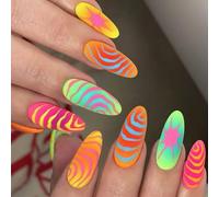 Almond Fake Nails Colorful Stripe Press On Artificial False Glues Designs French Tips Stick Fake Nail