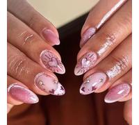 Almond Fake with Heart Designs Glitters Cats Eyes Glossy Stick on Glues on Acrylic Glitters Glues on