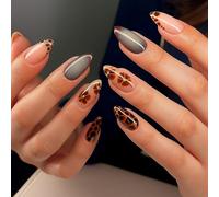 Almond False Nail Tips, Glossy Brown Leopard And Floral Mixed Design Set | Gold-Coloured Embellishments, Tonal Grey Shading, Coordinated Patterns, For Everyday Wear, Social Events And Travel