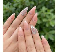 Almond False Nail Tips with Natural Nude-Pink Glossy Gel Finish - Long Tapered Press-On Nails with Clear Rhinestone for Elegant Glamour, Wedding, Party, and Professional Events