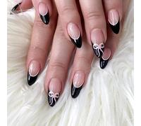 Almond False Nails - 24Pcs Black Nails French Tip - Press on nails Bow-Tie Design - Stick on Nails Medium Long - Gothic Fake nails with Glue - Full Cover Acrylic Nail Tips Glue On