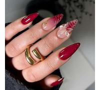 Almond False Nails - 24pcs French Tip Press on Nails - Full Cover Fake Nail Tips Gradient Rose Red Transparent Three-dimensional Flower Elegant Stick-On Set for Women Nail Art Manicure Decoration