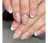 Almond False Nails - 24pcs Short Oval Press On Nails - French White Tip Nude Pink Fake Nails With White Golden Flower Patterns - Removable Glossy Full Cover Stick On Nails Women Girls Nail Art
