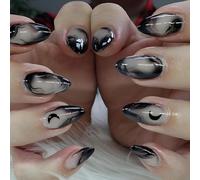 Almond False Nails, Black And Smoky Grey Marbled Press-On Set, 24 Pieces | Glossy Finish, 12 Sizes, Selected Tips With Crescent Moon Motifs, For Coordinated Home Manicures And Evening Outfits