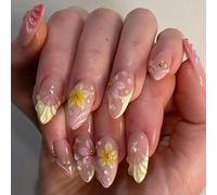 Almond False Nails Blushes Color 3D Florals Design Pack of 30 ABS Materials Presses on Nails for Women Girls Short Almond False