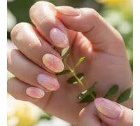 Almond False Nails, Glossy Nude to Pink Ombre, 3D Floral Detail, 12 Sizes | Pale pink and soft yellow tones, plain variants, small gold-coloured flower centre, for everyday home and occasion manicures