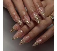 Almond False Nails Medium - 24 Pcs Press On Nails - Full Cover Golden 3D pattern Oval Stick On Nails - French Fake Nails for Women and Girls Nail Art - for Women Daily Wedding Wear