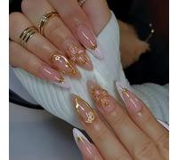 Almond False Nails Medium - 24Pcs French White Tip Press on Nails Nude Pink Fake Nails with 3D Gold Flower Stripe Design - Full Cover Acrylic Oval Stick on Nail with Glue for Women Girls