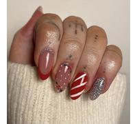 Almond False Nails Medium, 24Pcs Wine Red French Tip Glossy Color Gel Fake Nails, Natural Burgundy Glue on Nails Full Cover Acrylic Oval for Women and Girls Candy & Stripe