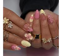 Almond False Nails, Medium 3D Floral Tips, Pink, Cream And Gold-Tone | Glossy Finish, Raised Swirls, Textured Lines And Nude Gradients, For At-Home Summer Manicures And Social Occasions