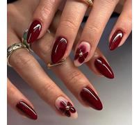 Almond False Nails Medium Burgundy - Wine Red Oval Press On Nails With Flower Rhinestone - Glossy Removable Fake Nails Tips - Full Cover Acrylic Stick On Nail For Women And Girls Nail Art Accessories