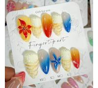 Almond False Nails, Medium Glossy Gradient Floral Tips, 10-Piece Set | Blue, yellow, orange-red, nude and white tones, shell-inspired lines and bead details, for home manicures and social events