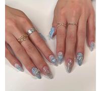 Almond False Nails, Medium Length Blue Celestial Design, 24-Piece Set