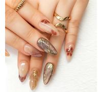 Almond False Nails, Medium-Long Press-On Set, 3D Botanical, Gold, Autumn | Glossy Finish, Translucent Nude, Beige, Amber, Rust Brown And Taupe Tones, For At-Home Manicures, Dinners And Social Events