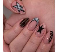 Almond False Nails, Sheer Pink Geometric Star And Scale Pattern, Glossy | Curved Tips, Black, Dark Brown And Pale Grey Detailing, Press-On Format, For Everyday, Street-Style And Occasion Manicures