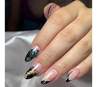 Almond False Nails Short, 24Pcs Black Gradient French Fake Nails Butterfly Pattern Design, Glossy Press on Nails with Nail Glue Stickers, Stiletto Acrylic Stick on Nail for Women and Girls