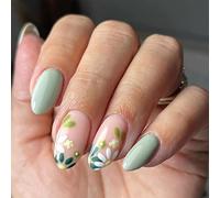 Almond False Nails Short, 24Pcs French Tips Fake Nails Green Floral Pattern, Glossy Press on Nails with Nail Glue Stickers, Oval Acrylic Stick on Nail for Women and Girls