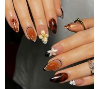 Almond False Nails Short With 3D Floral Art & French Tips - Black Stripes, Golden Beads & Glossy Nude Brown Zebra Pattern For Daily Wear And Special Occasions, Chic Press On Manicure Set For Women