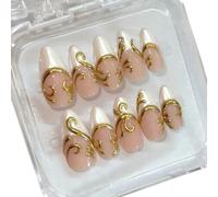 Almond False Tip Set with French Tip Finish, Gold Pattern Detail, 15 Size Chart and Adhesive Tabs for Home Manicure Use and Social-Ready Finishing French Manicure Tips Gold Pattern False Set Long Home