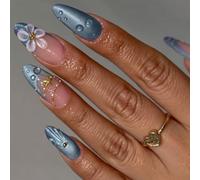 Almond False Tips Blue French Manicure Set with Translucent Nude Base, 3D Flower Detail and Multi Size 30 Piece Fit for At Home Manicure