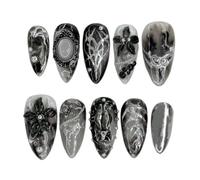 Almond False Tips with Gothic Black Silver Marble Art, 3D Flower Frame Detail Manicure Set, 12 Sizes with File and Tabs for At-Home Prep Acrylic False Nails with Flowers Gothic Nails Set