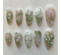 Almond Floral Press On Nails 24Pcs Flower Design False Nails With Rhinestones Decoration For Stylish Women Spring Stick On Nail