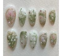 Almond Floral Press on Nails 24Pcs Flower Design False with 3D Rhinestones Decoration for Stylish Women Artistic Art