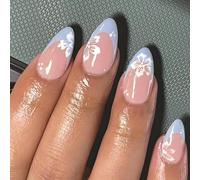Almond Floral Press On Nails - 24PCS Pastel Pink French Manicure with White Blossom Design, Glossy False Nails for Women for Special Occasions or Daily Wear, Easy to Apply Tips Kit