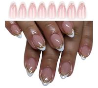 Almond French Tip Designs with White Accents Stick on Nails Includes File and Stick Manicure Supplies