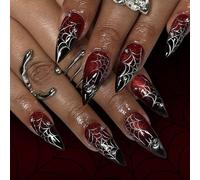 Almond French Tips Fake Nails Acrylic With Spiders Designs Stick On For Women Halloween Press Stick Nail