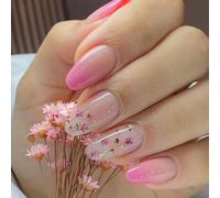 Almond Glossy Nail Tips with Floral Pink Ombre Glitter Gold Leaf Design - Short Square Long Press On Style Full Cover Set for Women, 24PCS Reusable ABS Artificial Nails for Manicure