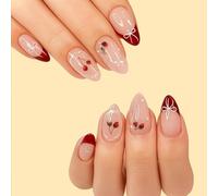 Almond Glossy Nude False Nails with Red Cherry Bow French Tip - Medium Length Press On Manicure Set for Women Parties Celebrations Special Occasions Easy to Apply Elegant Pre Designed